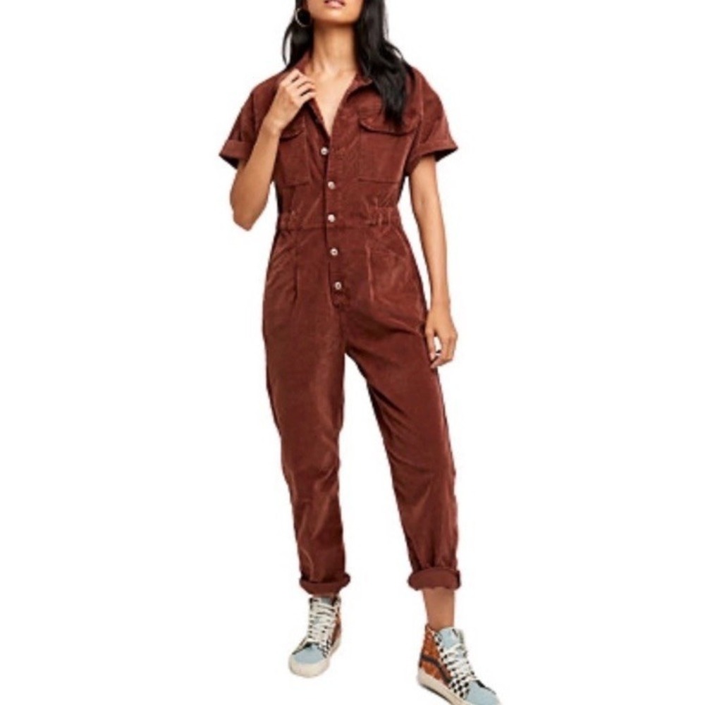 Free People Marci Corduroy Jumpsuit Size M Brown Gingerbread Utility Coverall - Picture 8 of 10